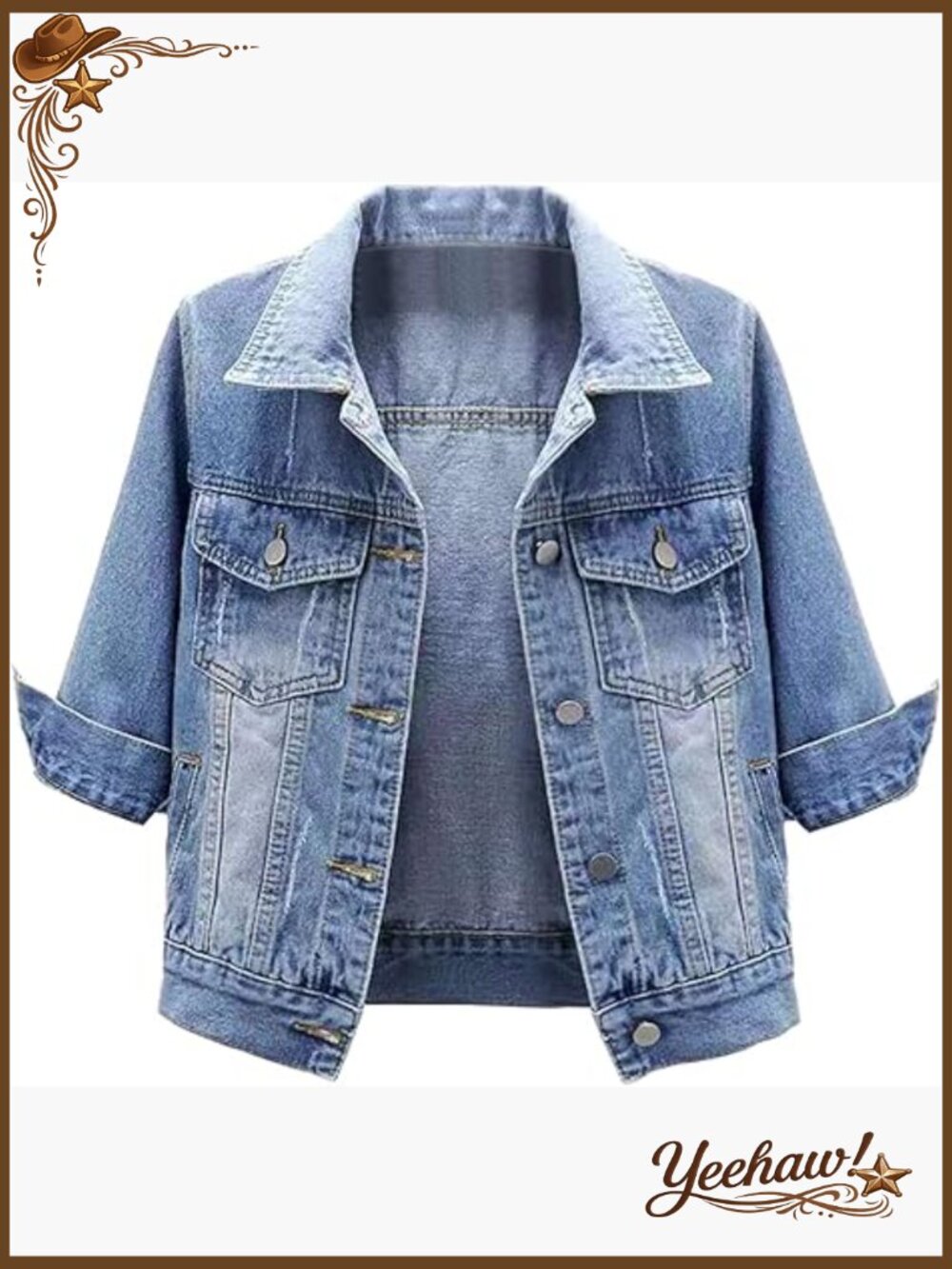 Cropped Denim Jacket 3/4 Sleeve Button Down Trucker Style